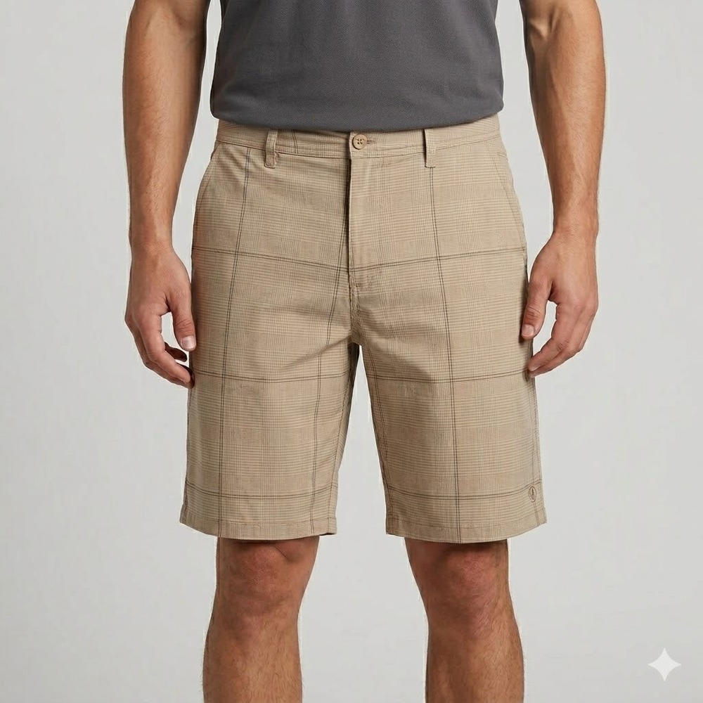 Hang Ten Performance Hybrid Golf Shorts Men's 40 Khaki Tan Plaid EUC